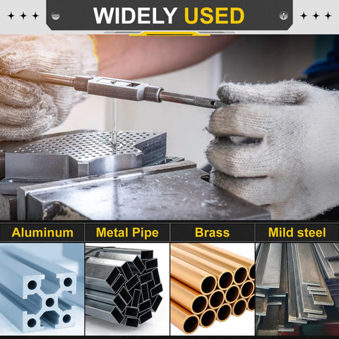 Top Shelf 7/8 To 9 BSW Taper Hand Tap crafted from slick high speed steel, shown cutting threads in metal workpieces.