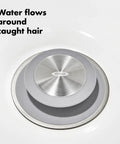 Stainless Steel Hair Catch Drain Protector With Two-Piece Design And Flexible Silicone Cone No-Fuss Easy-Clean Topper in use.