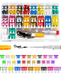 Heavy Duty Car Fuses Assortment Kit With Standard Mini And Low Profile Blades From 2A To 40A, with fuse puller tester tool.