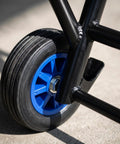 Folding Hand Truck Portable Cart With Heavy Duty Iron Frame And Smooth Rolling Rubber Wheels Quick Fold Design Medium Size 22mm Pipe Diameter Straps For Secure Hauling, blue wheel detail