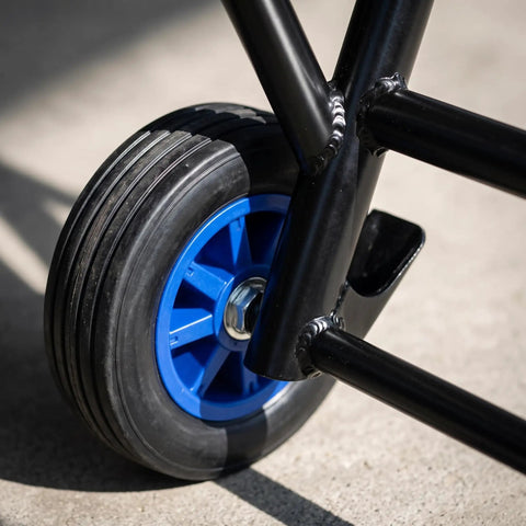 Folding Hand Truck Portable Cart With Heavy Duty Iron Frame And Smooth Rolling Rubber Wheels Quick Fold Design Medium Size 22mm Pipe Diameter Straps For Secure Hauling, blue wheel detail