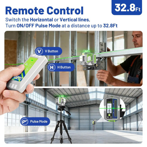 Using Self Leveling 360 Green Laser Level Kit with 50 Inch Tripod in construction, showing laser lines and remote control.