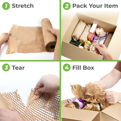 Steps showing Eco Friendly Honeycomb Packing Paper For Shipping And Moving A Handy Dispenser Box Keeps Your Stuff Safe Natural
