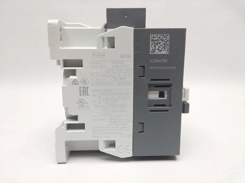 Side view of single magnetic contactor AF09-30-10-13 equivalent, IEC 3-pole control relay, 120 VAC coil, DIN mount ready.