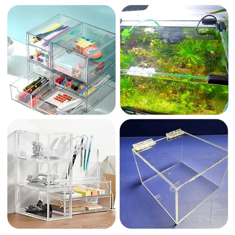 10 Pack Self Adhesive Clear Acrylic Hinges 65x40mm for DIY crafts, small cabinet and aquarium lid displays, foldable hinge tools.