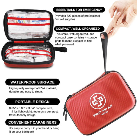 VRIEXSD red waterproof hard-shell EVA first aid kit with 320-piece contents and organized interior pockets