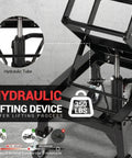 Foot Powered Hydraulic Motorcycle Lift Jack With 350 Lbs Capacity No Sweat Easy Lift Wide Deck And Locking Wheels For Motorcycle ATV And Buggy Maintenance Durable Portable For Home Garage Or Shop Use Red detail of hydraulic system.