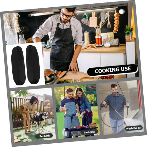 Get Your Arms Covered With These Tough As Nails Extended Black Arm Sleeves 2 Pairs Pack Oilproof Guards Perfect For Kitchen Chores Or The Daily Shop Grind Reusable Easy Wipe Down And Ready To Take A Beating in a cooking setting.