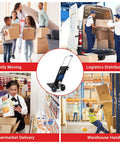XSTO 550 Lb Capacity Electric Dolly Stair Climber shown in family moving, logistics, supermarket, and warehouse settings.