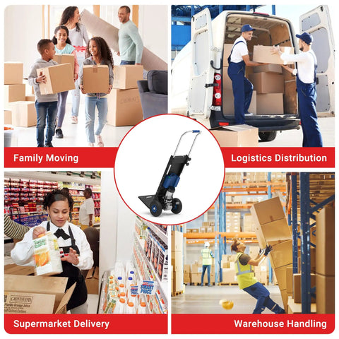 XSTO 550 Lb Capacity Electric Dolly Stair Climber shown in family moving, logistics, supermarket, and warehouse settings.