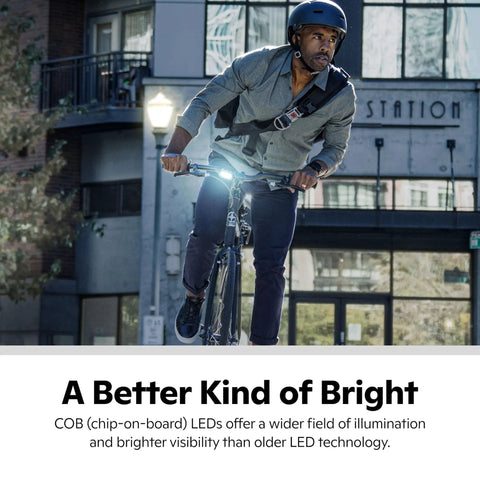 Cyclist using Quick Wrap Bike Light Set With 40 Lumen Headlight And 10 Lumen Taillight Cob LED in urban street, showcasing brightness and visibility.