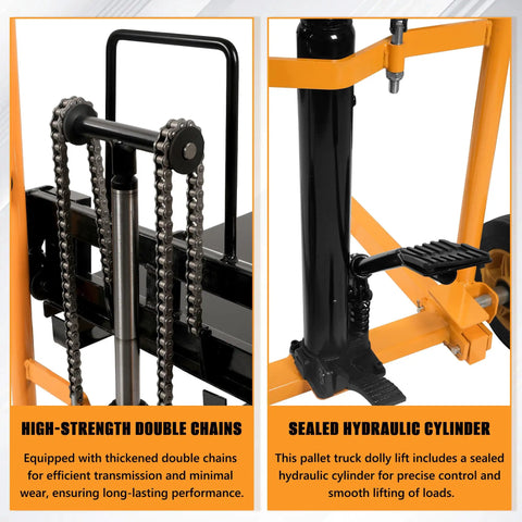 Heavy Duty Manual Material Stacker Workhorse With 450 Lb Capacity, Hydraulic Foot Pedal Lift, Adjustable Forks From 2.75 To 43.3 Inches, Removable Platform, Carbon Steel Frame And PU Wheels For Easy Warehouse Loading close-up of chains and hydraulic cylinder