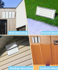 Beast Mode 300W LED Flood Light For Outdoors, 30,000 Lumens Stadium Lighting shown in wall, ground, rooftop, and stadium mounting.