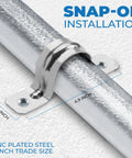 Installed pipe clamp strap around steel EMT conduit; zinc-coated, two mounting holes, 2-inch trade size