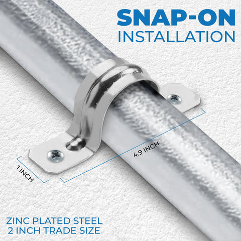 Installed pipe clamp strap around steel EMT conduit; zinc-coated, two mounting holes, 2-inch trade size