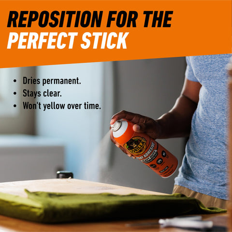 Person using Heavy Duty Spray Adhesive Clear Glue 14 Oz All Purpose Bond For Glass Plastic Wood Metal Ceramic Rubber Leather Paper