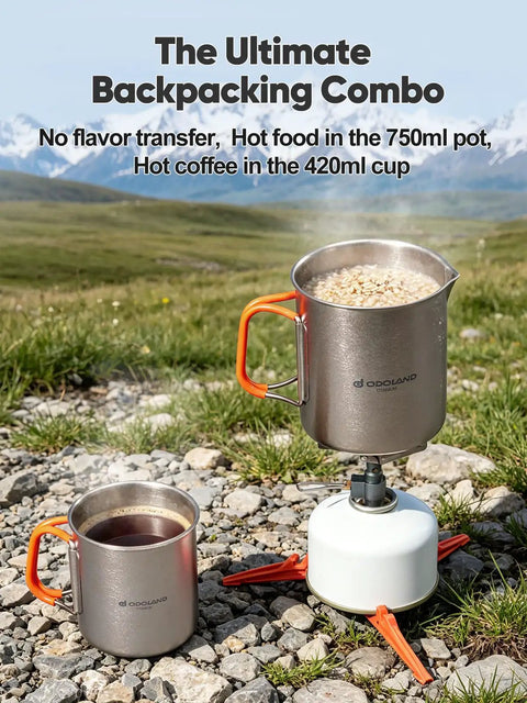 Ultralight Titanium Camping Cookware Set With 420ml And 750ml Pots Lid And Spork 4 In 1 Backpacking Pot for hiking on stove.