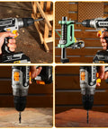 Go To Cordless Power Drill Kit for DIY Projects 20V with Battery and Charger Dual Speed 0 to 350 and 0 to 1350 RPM in use for drilling