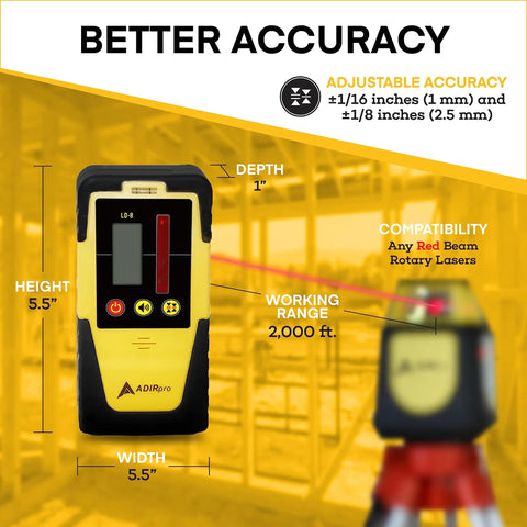 Digital Rotary Laser Detector With Dual Display And Built In Bubble Level For Most Red Rotary Lasers shown with dimensions
