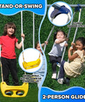 Backyard Metal Swing Set With 5 Foot Wave Slide Two Swings Two Person Glider And Two Person Saucer Swing Standing Swing Outdoor Playset With Anchors For Up To Eight Kids 6 Year Warranty And Sturdy 6.1 Foot Tall featuring children playing on a standing swing and glider under sunny weather.