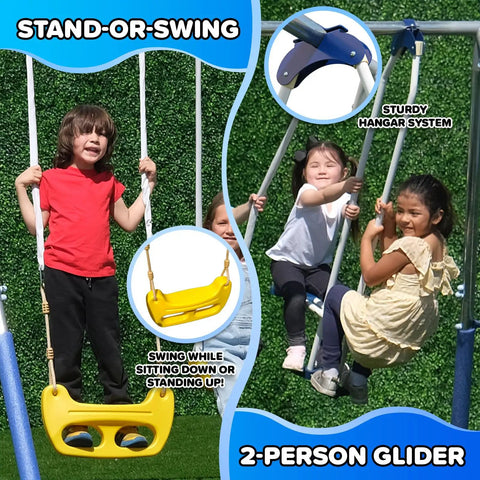 Backyard Metal Swing Set With 5 Foot Wave Slide Two Swings Two Person Glider And Two Person Saucer Swing Standing Swing Outdoor Playset With Anchors For Up To Eight Kids 6 Year Warranty And Sturdy 6.1 Foot Tall featuring children playing on a standing swing and glider under sunny weather.