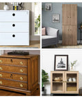 Four different cabinet styles including white, wooden, vintage designs with knobs and doors, suitable for various room decors.