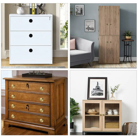 Four different cabinet styles including white, wooden, vintage designs with knobs and doors, suitable for various room decors.