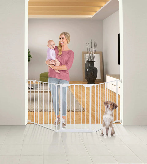 Woman with child stands near Extra Wide Baby Gate With Door Kid Safe For Stairs And Hallways Hardware Mounted in living room.