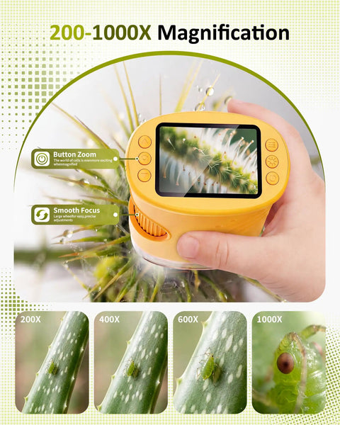 1000X Handheld Digital Microscope for Kids with 2MP Camera and Manual Focus Pocket STEM Toy, yellow handheld microscope showing insect close-up
