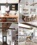 Dope Four Light Farmhouse Wood Chandelier With Rustic Orb Pendant Lighting Fixture in living and dining room settings.