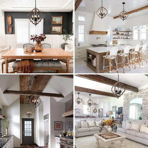 Dope Four Light Farmhouse Wood Chandelier With Rustic Orb Pendant Lighting Fixture in living and dining room settings.