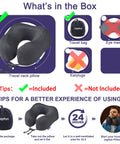 Travel Neck Pillow With Chin Support For Airplane Flights Memory Foam Headrest Sleep Upgraded Comfort Portable Black Neck Pillow For Planes And Road Trips Relieves Neck Pain On The Go Cushy And Supportive with included items like travel bag and user tips.