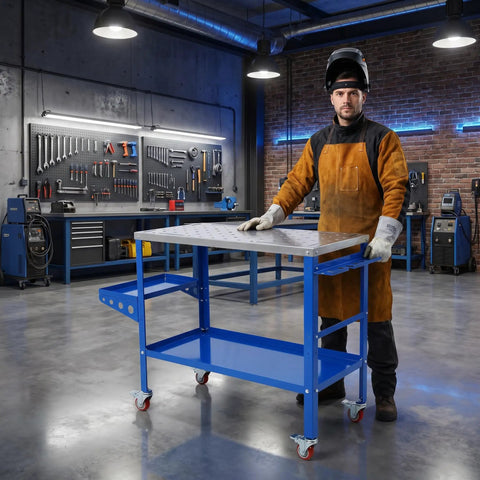 Heavy Duty Steel Welding Table And Portable Workbench Featuring Adjustable Height Three Tilt Angles And Locking Casters For Serious Shop Builds And Grinds in a workshop with a welder standing by.