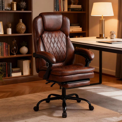 Big And Tall Office Chair With Foot Rest, Ergonomic High Back PU Leather Reclining Desk Chair For Heavy Folks, Wide Seat, Lumbar Support, Executive Brown in office setting
