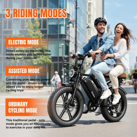 Couple riding Powerful Electric Bike For Adults With 1500W Peak Motor And 60 To 80 Mile Range, 20 Inch Fat Tire Dual Suspension