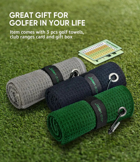 Golf Towel Set Of 3 16x16 Waffle Microfiber Towels With Carabiners And Hooks Includes Club Range Card And Gift Box on grass