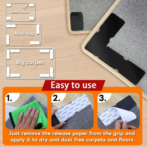 Non Slip Rug Grippers Tape Pads For Hardwood Floors And Tile No Residue Reusable Corner Grippers Keep Rugs Flat And Secure Area Rugs 12 Pack Ideal For Laminate Flooring No Curl Edges Stay Put showing usage steps with padding under rug corners