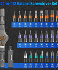 Precision Magnetic Screwdriver Set With S2 Steel Bits And Aluminum Handle, Compact Ratcheting Repair Kit showing 24-in-1 bits arrangement.