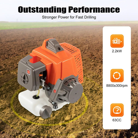 Beefy 2.2kW Gas Powered Post Hole Digger With 63cc 2-Stroke Engine shown on soil background with performance specs
