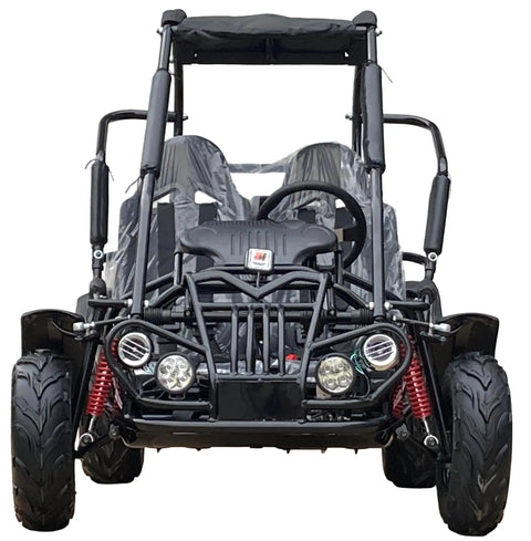 Front view of Mid XRX Deluxe Go Kart Buggy with full roll cage, safety harness, dual seats, LED headlights, 212cc electric start, black.
