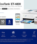 EcoTank All-In-One Printer With Cartridge-Free Ink, Wireless Connectivity, Scanner, Copier, Fax, Automatic Document Feeder, And Ethernet, Large Ink Tanks With EcoFit Bottles, Easy Filling, Great For Home Office, White, side view with display and open tray, phone not included