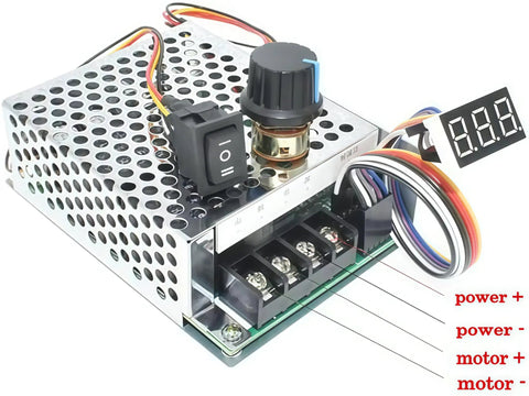 Adjustable Digital Display Motor Speed Controller for DC Brushed Motors 10 to 55 Volt 60 Amp PWM with wires and control knob.