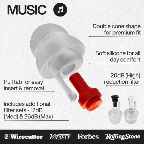 Concert Ear Plugs For Clear Live Sound With Noise Reduction Up To 26dB, features double cone shape and soft silicone material.