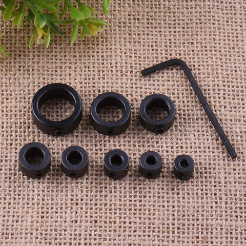 8-Piece Drill Stop Collar Kit Inch Sizes 1/8 To 5/8 With Allen Wrench for precise hole depth control in black steel.