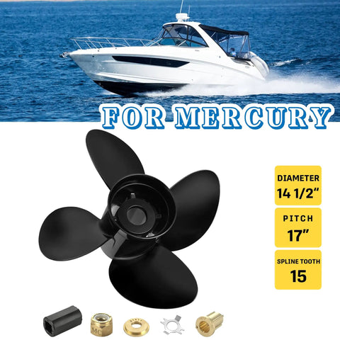 14 1/2 X 17 Aluminum Boat Propeller With 15 Spline Hub, Four Blades, Right Hand Rotation, Boosts Mercury Outboard Performance