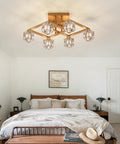 Farmhouse Chandelier With Orb Glass Globes And Oak Finish 6 Light Totally Rustic Vintage Pendant Fixture in cozy bedroom setting