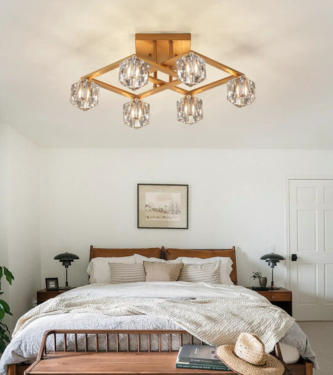 Farmhouse Chandelier With Orb Glass Globes And Oak Finish 6 Light Totally Rustic Vintage Pendant Fixture in cozy bedroom setting