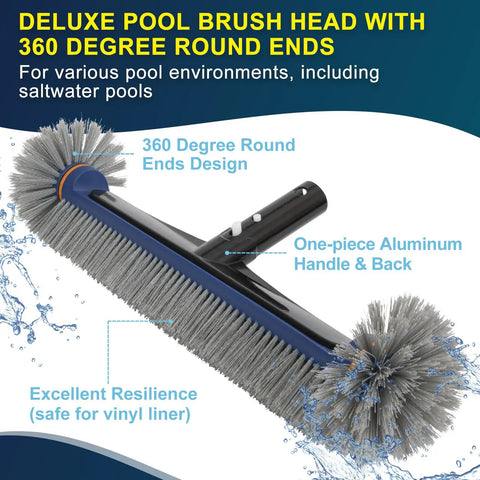 All In One Pool Cleaning Kit With Rubber Edge Skimmer Net And 17.5 Inch Brush Head, rotating scrub brush, heavy duty cleaning