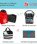 Collage of J.L. Childress travel products including stroller travel bags, stroller accessories, feeding coolers, and changing pads.