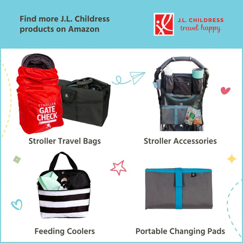 Collage of J.L. Childress travel products including stroller travel bags, stroller accessories, feeding coolers, and changing pads.